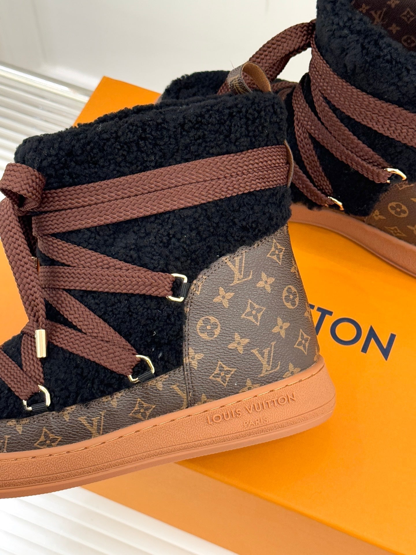 LV Cloud Lace-Up Ankle Boot Sneaker Black- Brown Shearling Monogram Canvas 572467