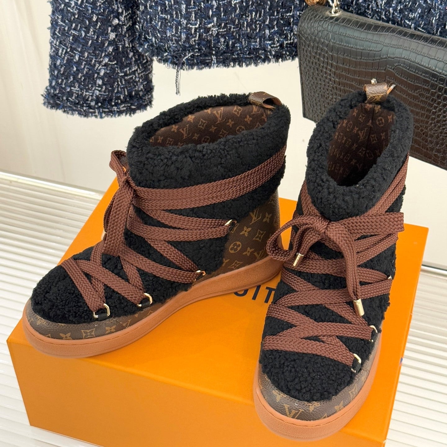 LV Cloud Lace-Up Ankle Boot Sneaker Black- Brown Shearling Monogram Canvas 572467
