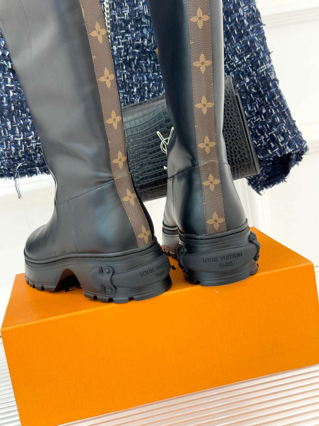 LV Squad High Boot Black Cowhide White Shearing 572463
