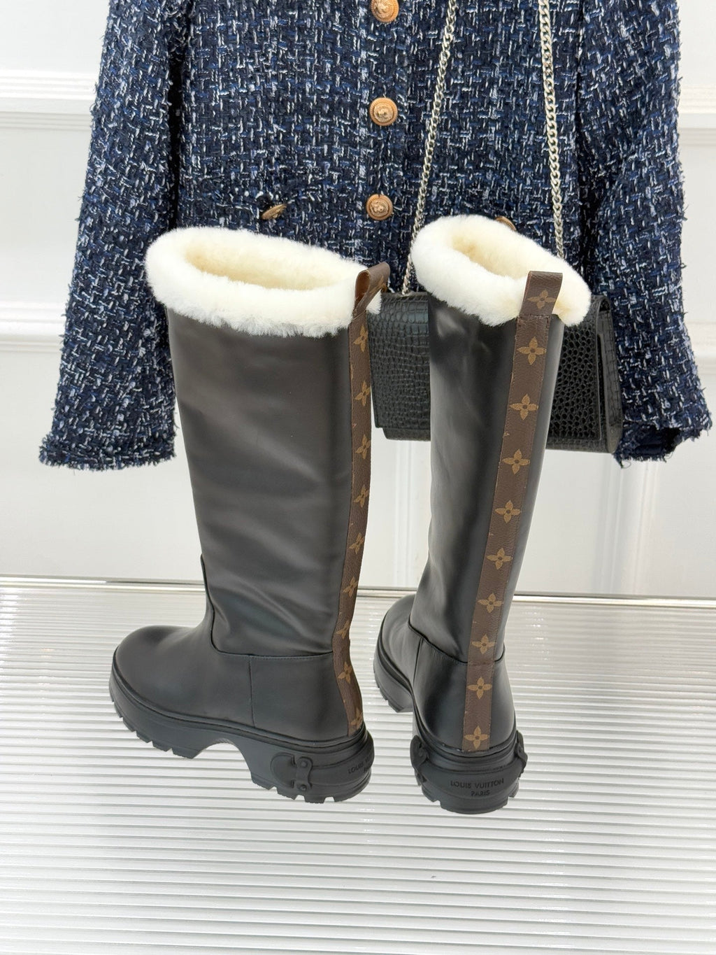 LV Squad High Boot Black Cowhide White Shearing 572463