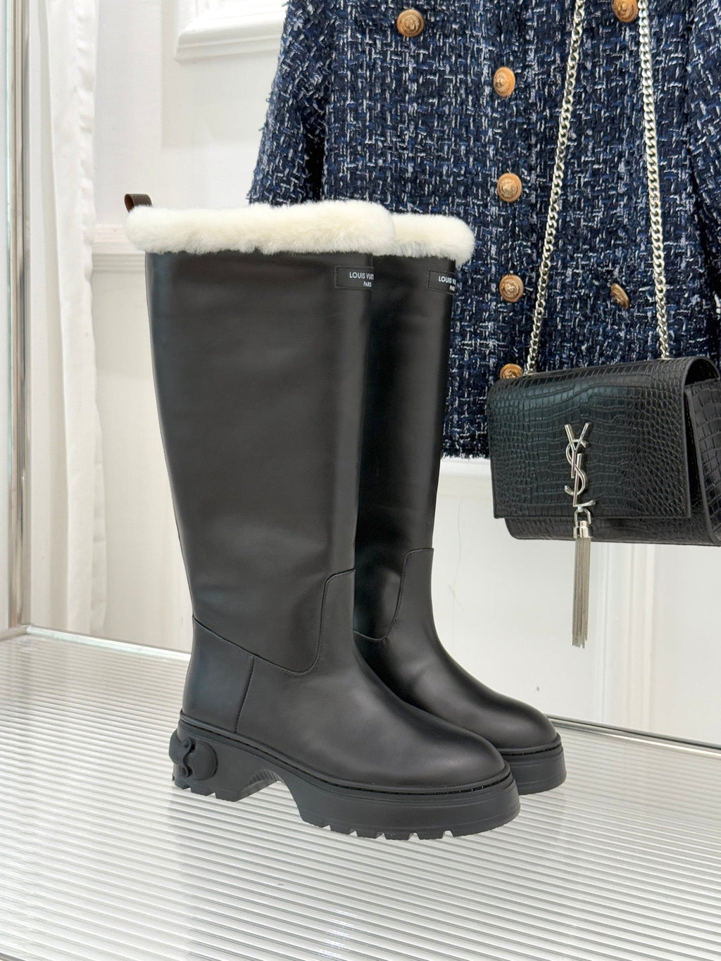 LV Squad High Boot Black Cowhide White Shearing 572463