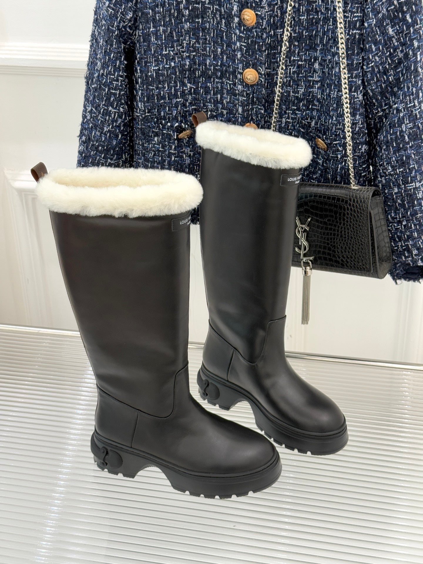 LV Squad High Boot Black Cowhide White Shearing 572463