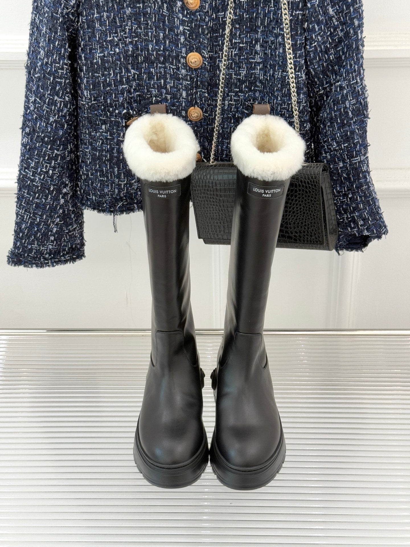 LV Squad High Boot Black Cowhide White Shearing 572463