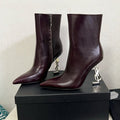 YSL 2025 Logo Metal Heel Ankle Boot Dark Burgundy Cowhide 575002