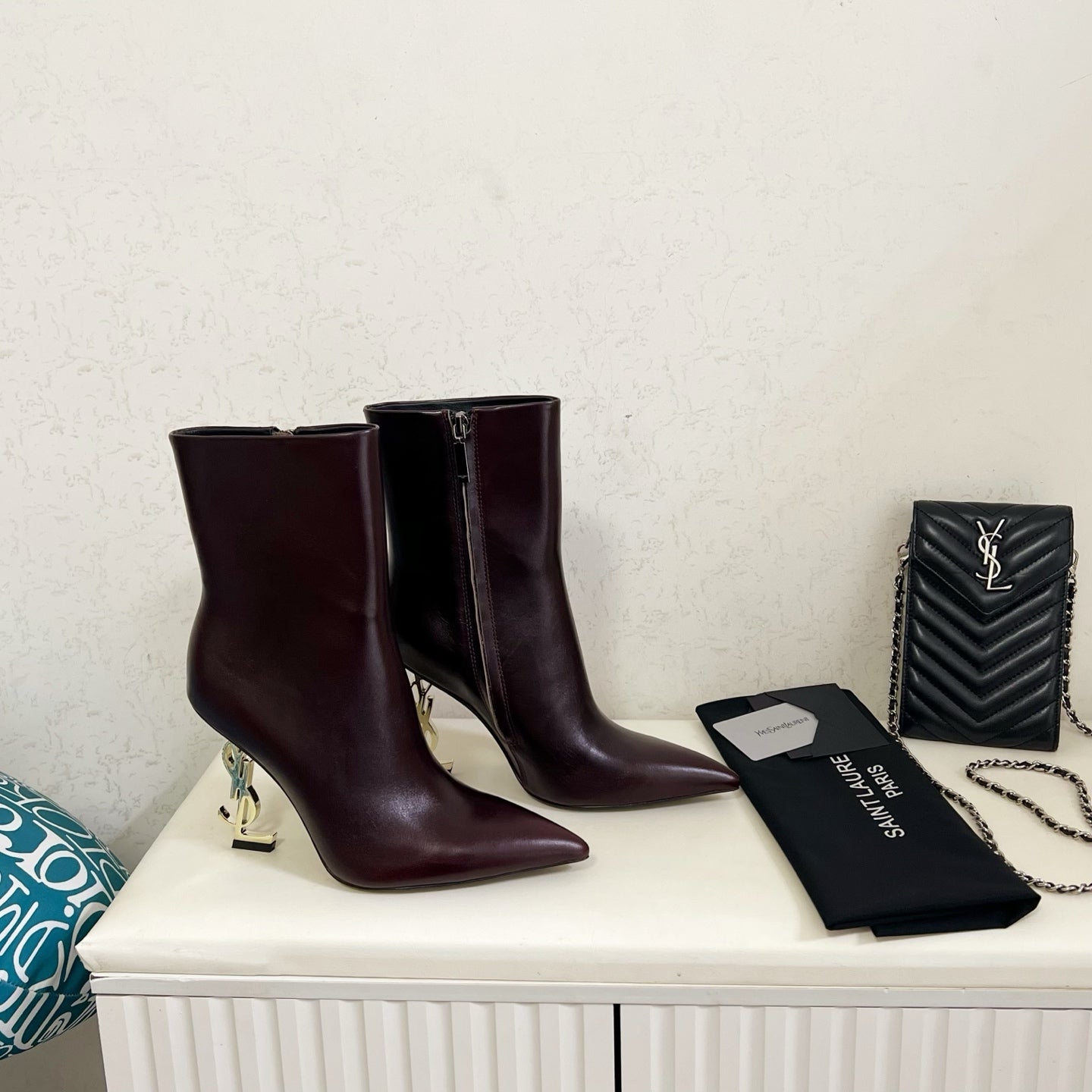 YSL 2025 Logo Metal Heel Ankle Boot Dark Burgundy Cowhide 575002