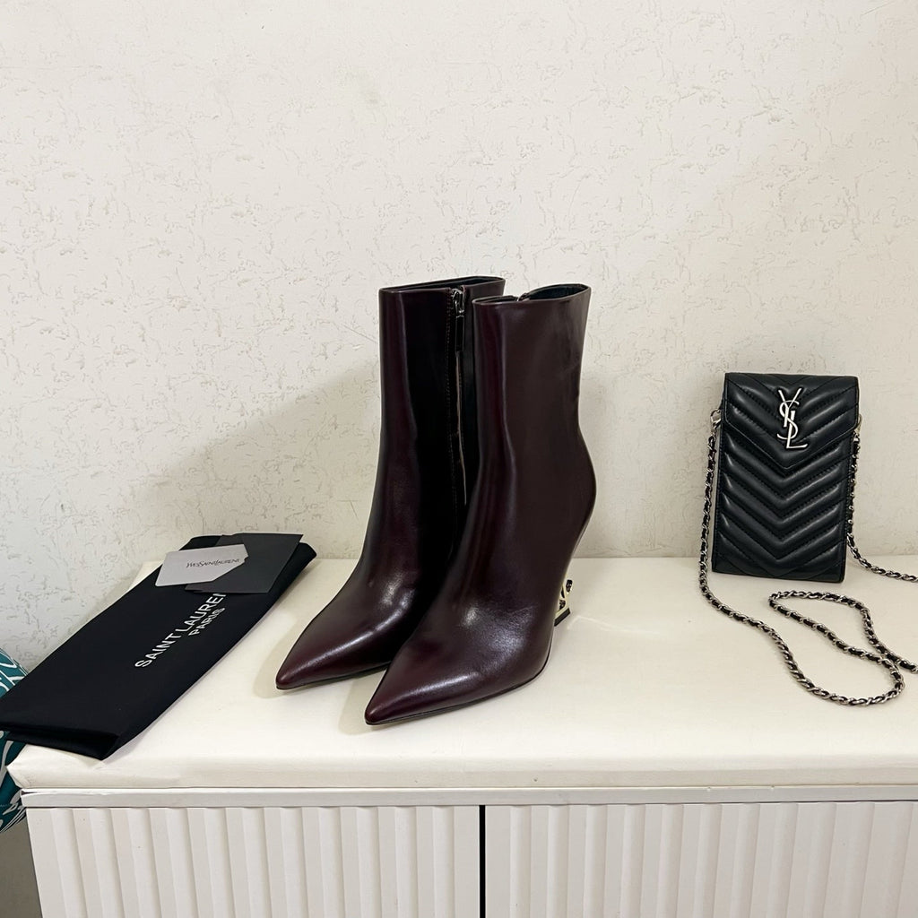 YSL 2025 Logo Metal Heel Ankle Boot Dark Burgundy Cowhide 575002
