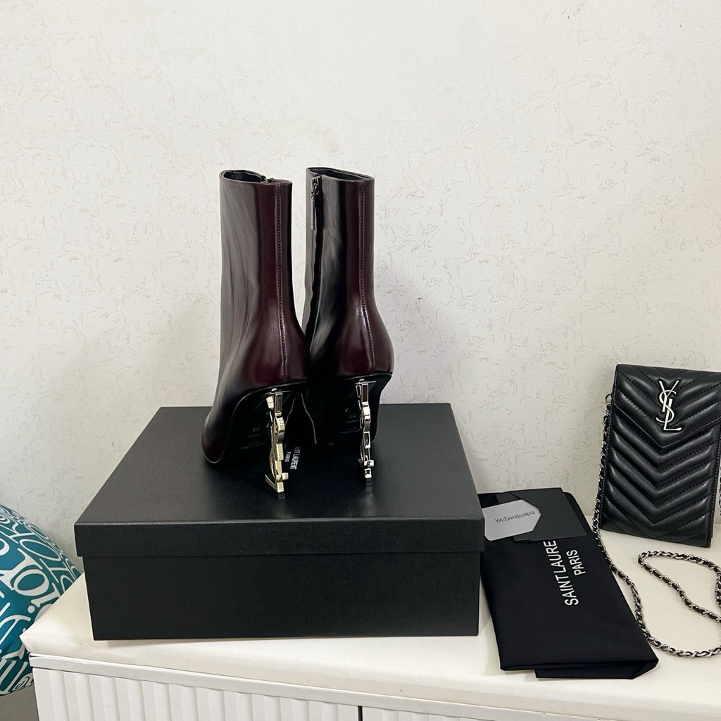 YSL 2025 Logo Metal Heel Ankle Boot Dark Burgundy Cowhide 575002