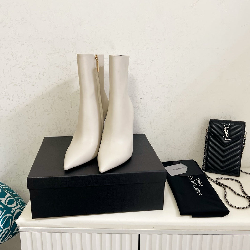 YSL 2025 Logo Metal Heel Ankle Boot White Cowhide 575003