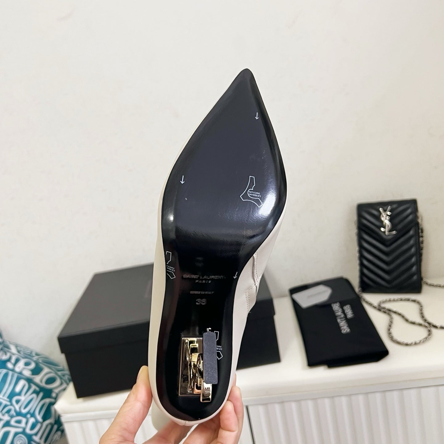 YSL 2025 Logo Metal Heel Ankle Boot White Cowhide 575003