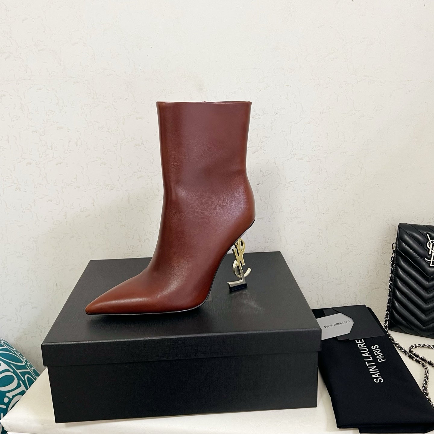 YSL 2025 Logo Metal Heel Ankle Boot Brown Cowhide 575004