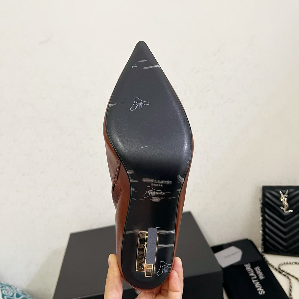 YSL 2025 Logo Metal Heel Ankle Boot Brown Cowhide 575004