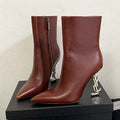 YSL 2025 Logo Metal Heel Ankle Boot Brown Cowhide 575004