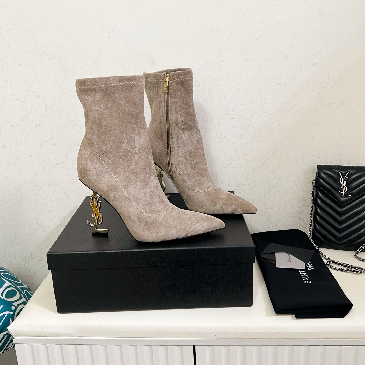 YSL 2025 Opyum 110mm Heel Ankle Boot Beige Suede 575007