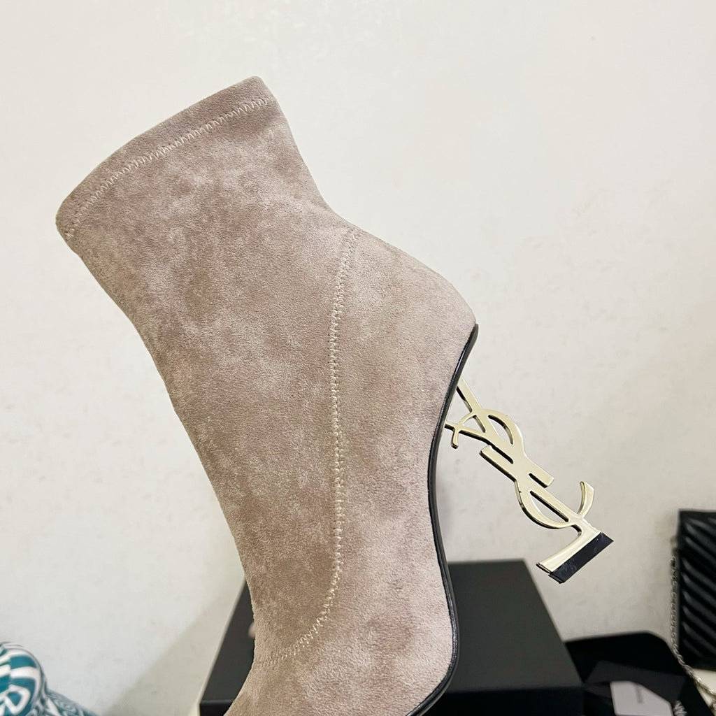 YSL 2025 Opyum 110mm Heel Ankle Boot Beige Suede 575007