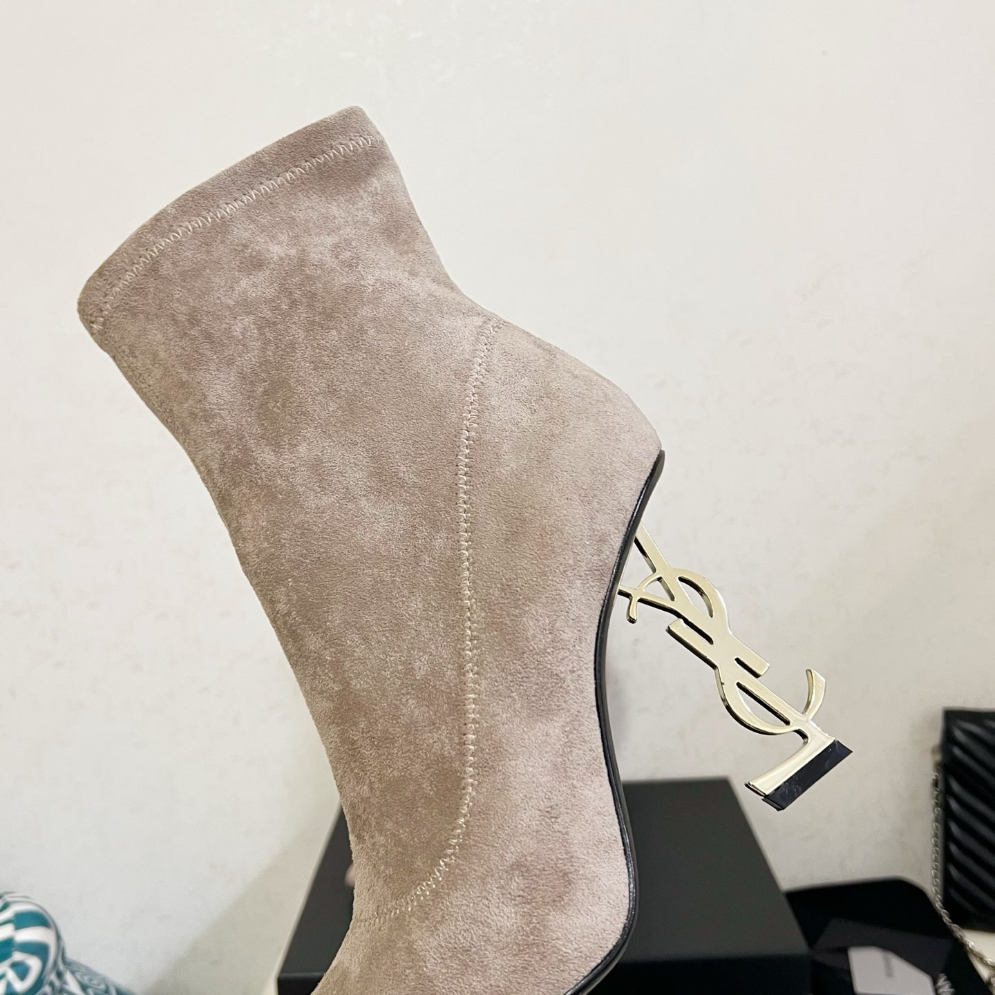 YSL 2025 Opyum 110mm Heel Ankle Boot Beige Suede 575007