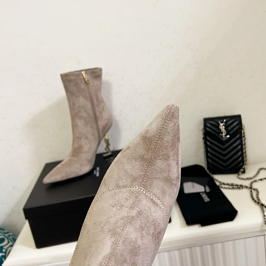 YSL 2025 Opyum 110mm Heel Ankle Boot Beige Suede 575007