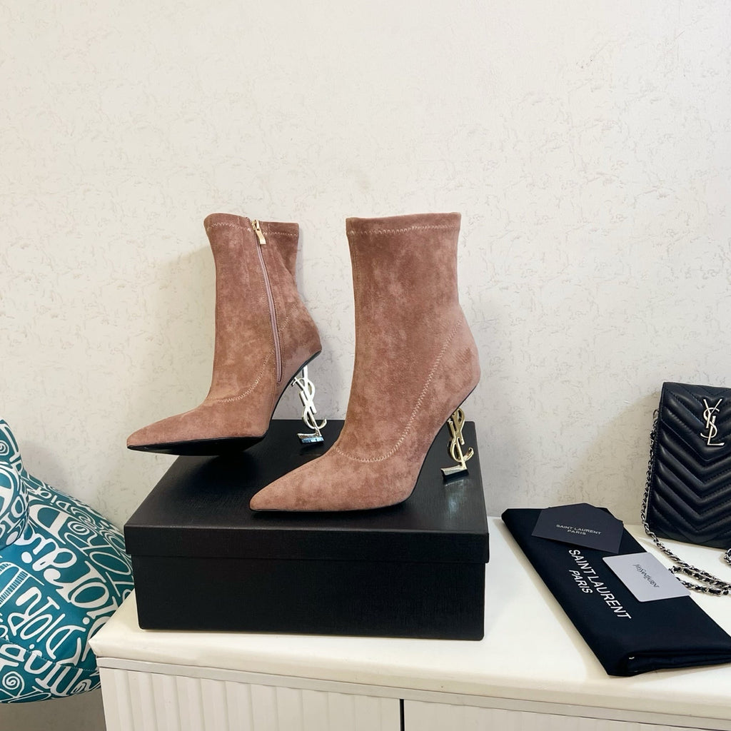 YSL 2025 Opyum 110mm Heel Ankle Boot Light Brown Suede 575012