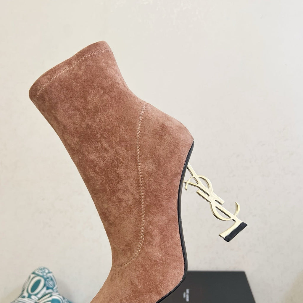 YSL 2025 Opyum 110mm Heel Ankle Boot Light Brown Suede 575012
