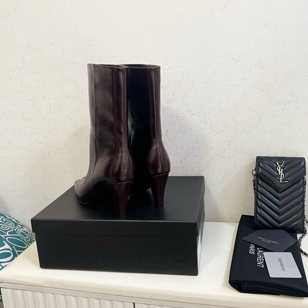 YSL 2025 Short Boot Dark Burgundy Calfskin 575013
