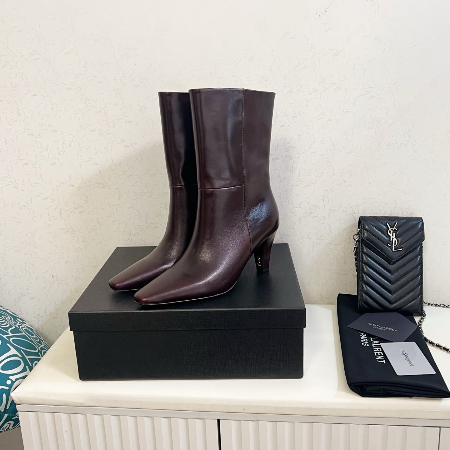 YSL 2025 Short Boot Dark Burgundy Calfskin 575013