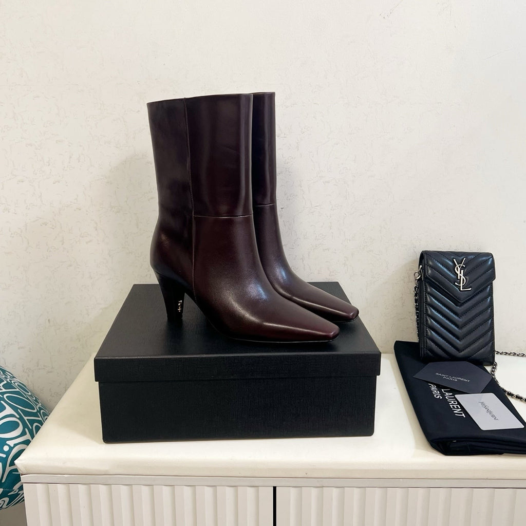 YSL 2025 Short Boot Dark Burgundy Calfskin 575013