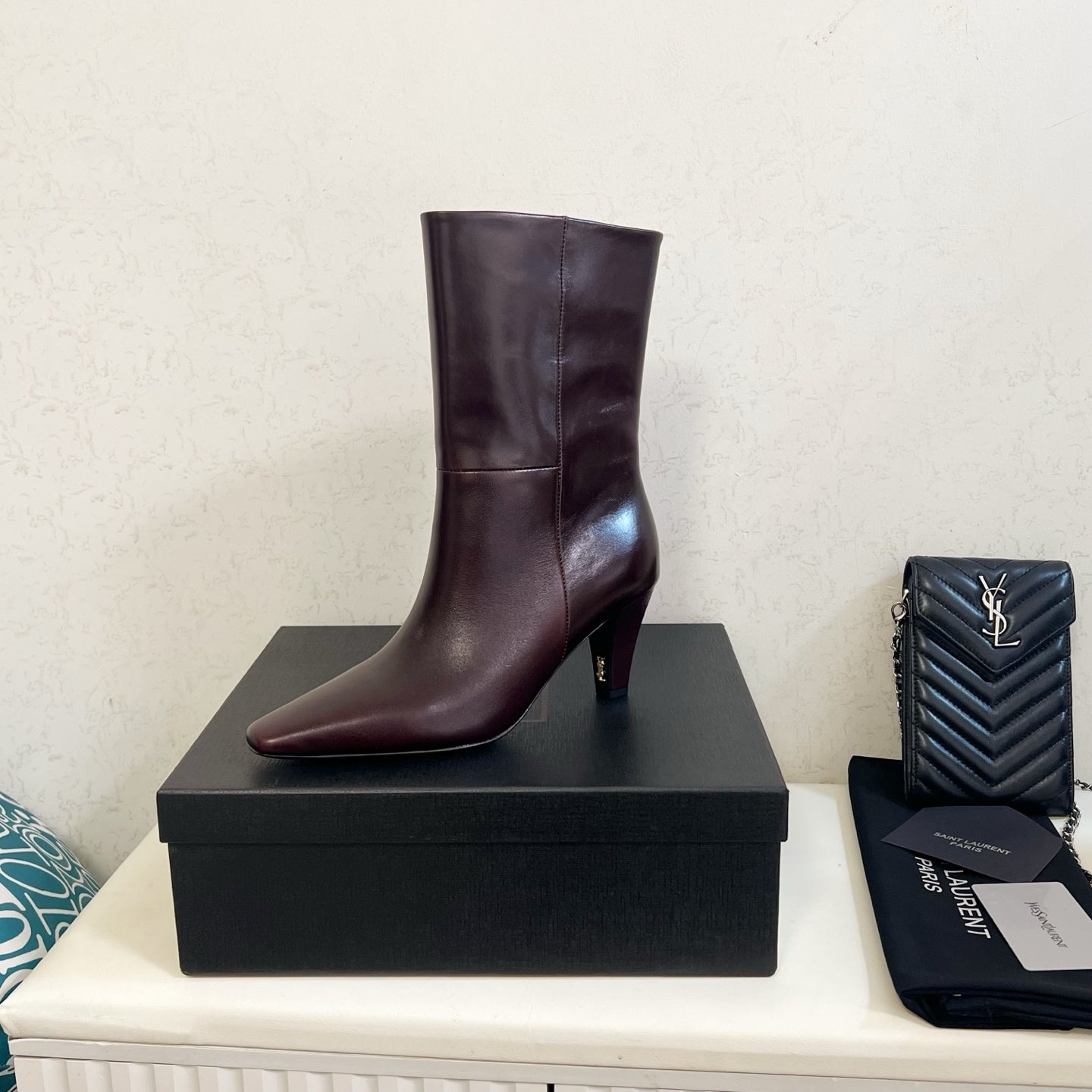 YSL 2025 Short Boot Dark Burgundy Calfskin 575013