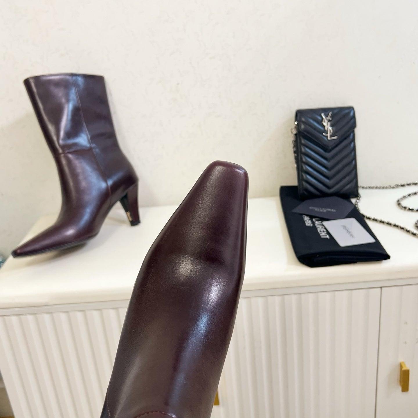 YSL 2025 Short Boot Dark Burgundy Calfskin 575013