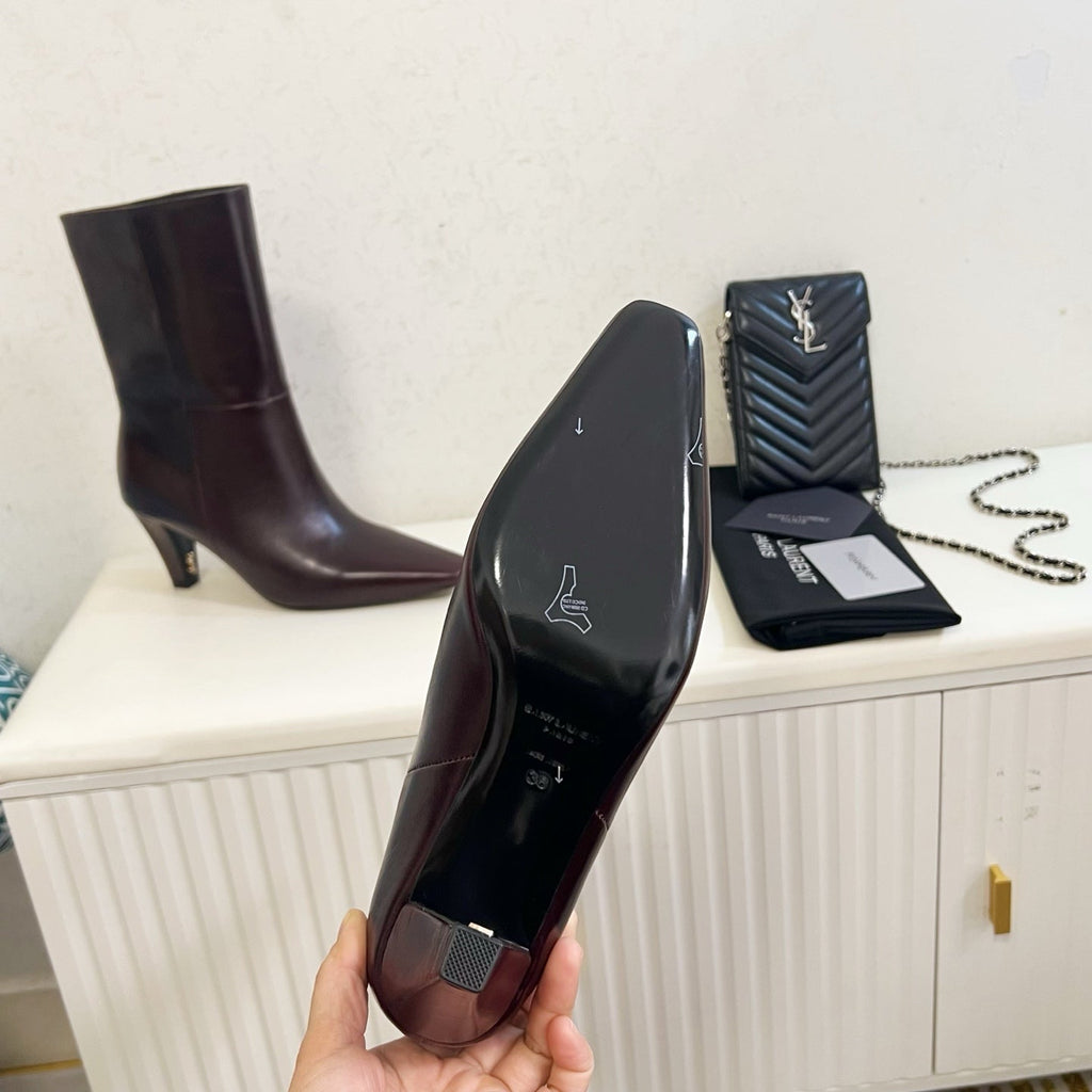 YSL 2025 Short Boot Dark Burgundy Calfskin 575013