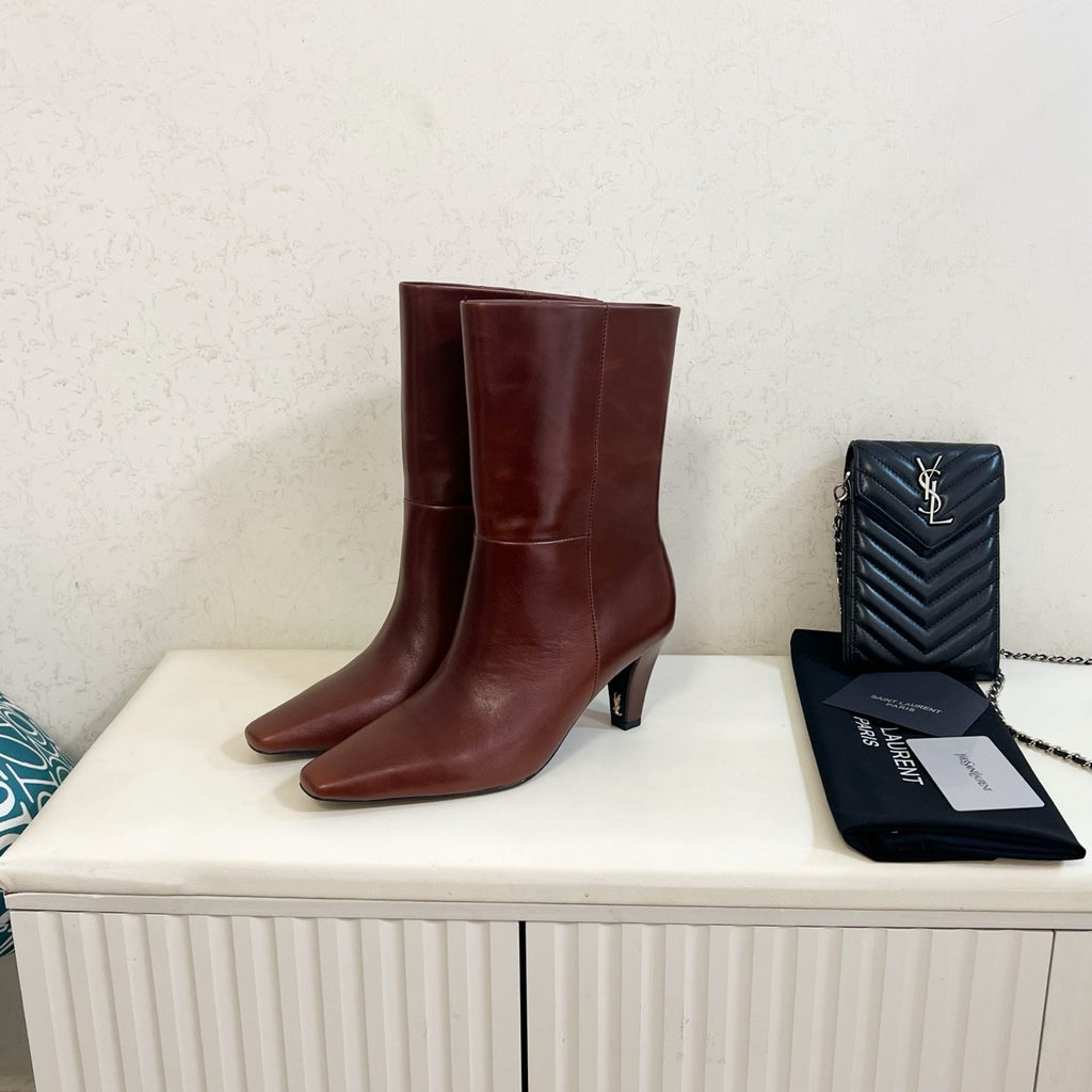 YSL 2025 Short Boot Brown Calfskin 575015
