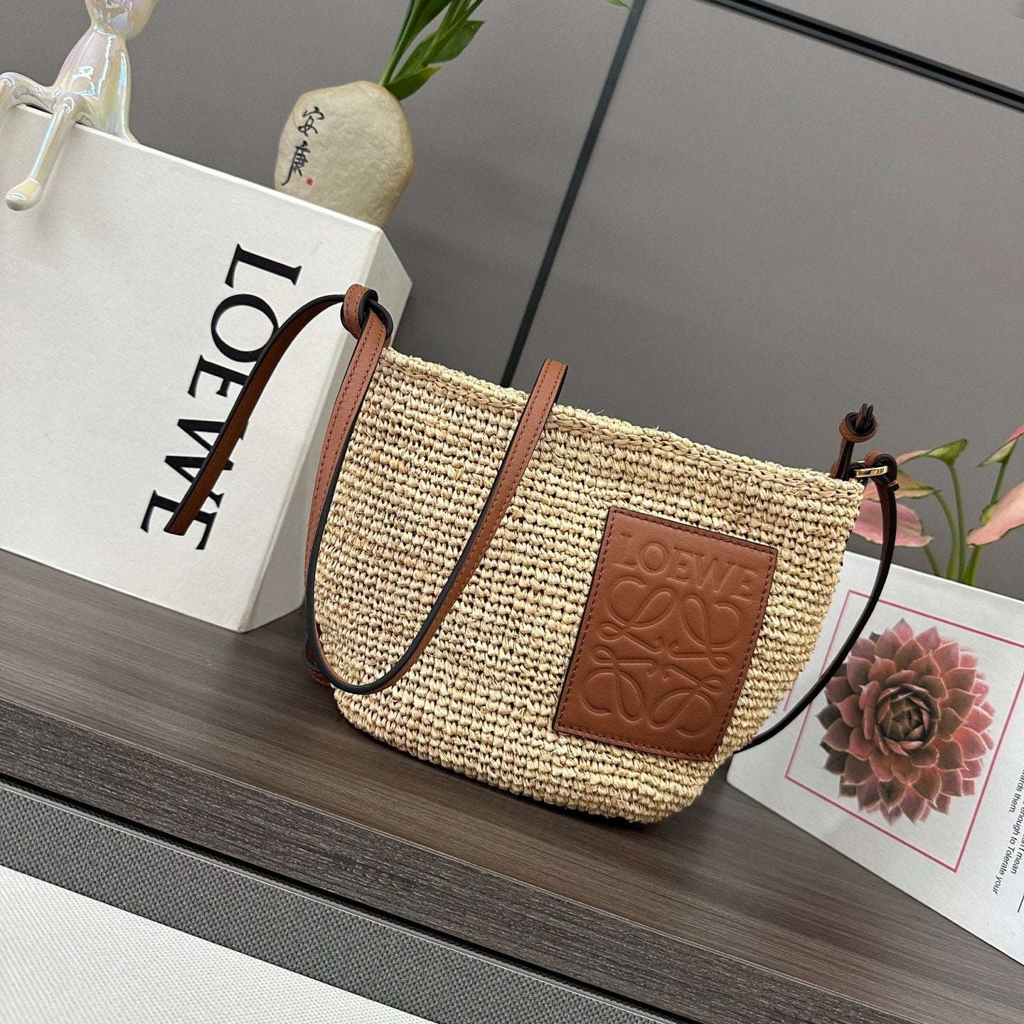 Loewe Slit Pochette Beige Raffia Brown Calfskin