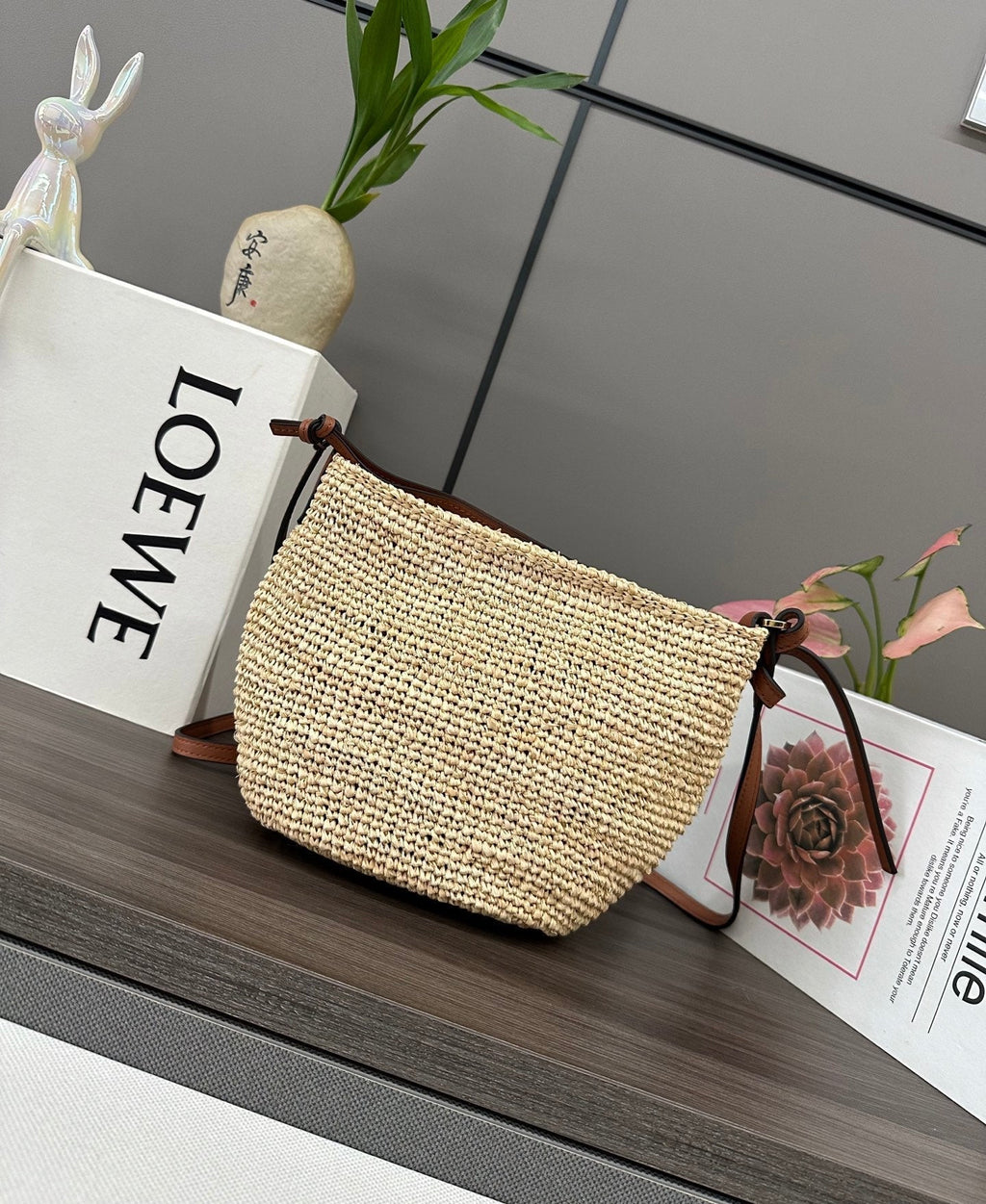 Loewe Slit Pochette Beige Raffia Brown Calfskin