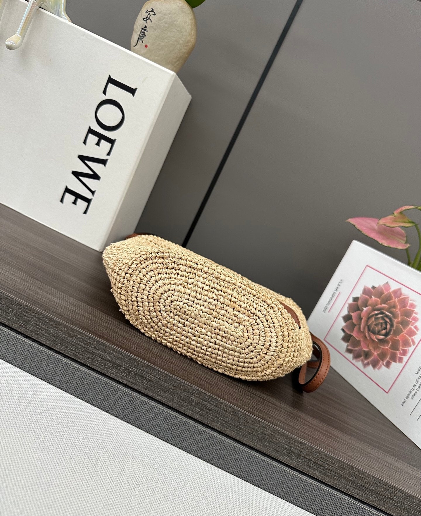 Loewe Slit Pochette Beige Raffia Brown Calfskin