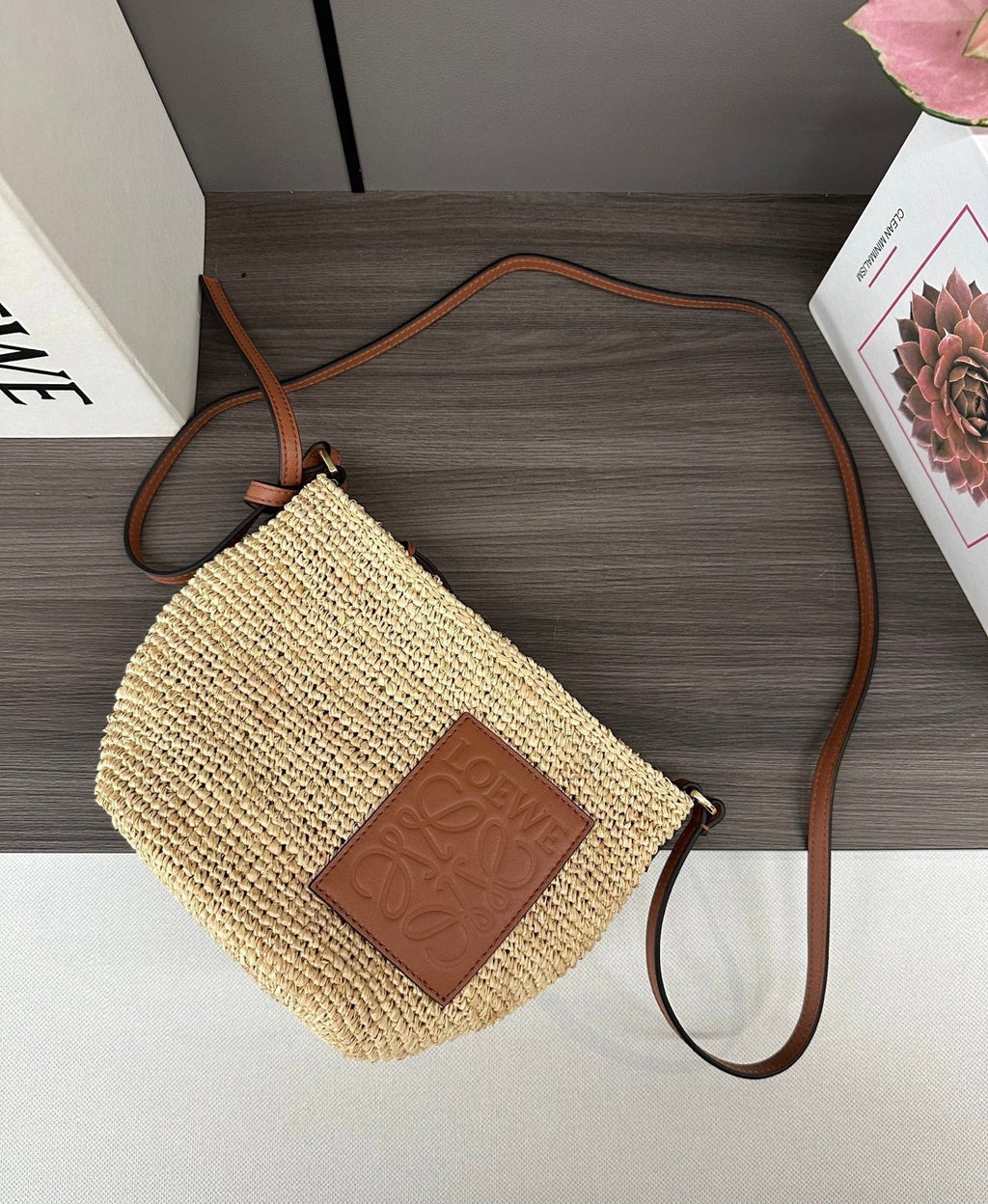 Loewe Slit Pochette Beige Raffia Brown Calfskin