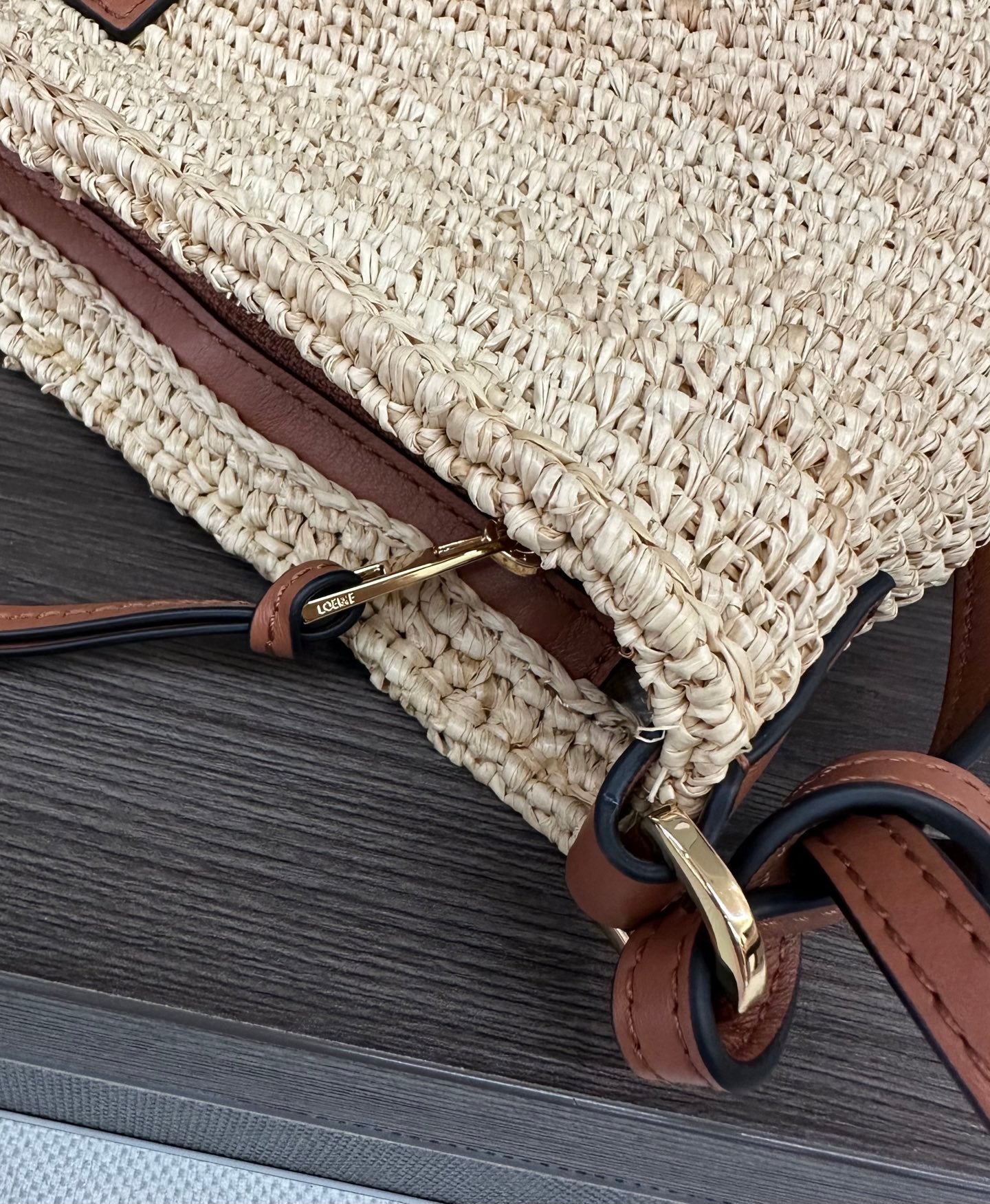 Loewe Slit Pochette Beige Raffia Brown Calfskin