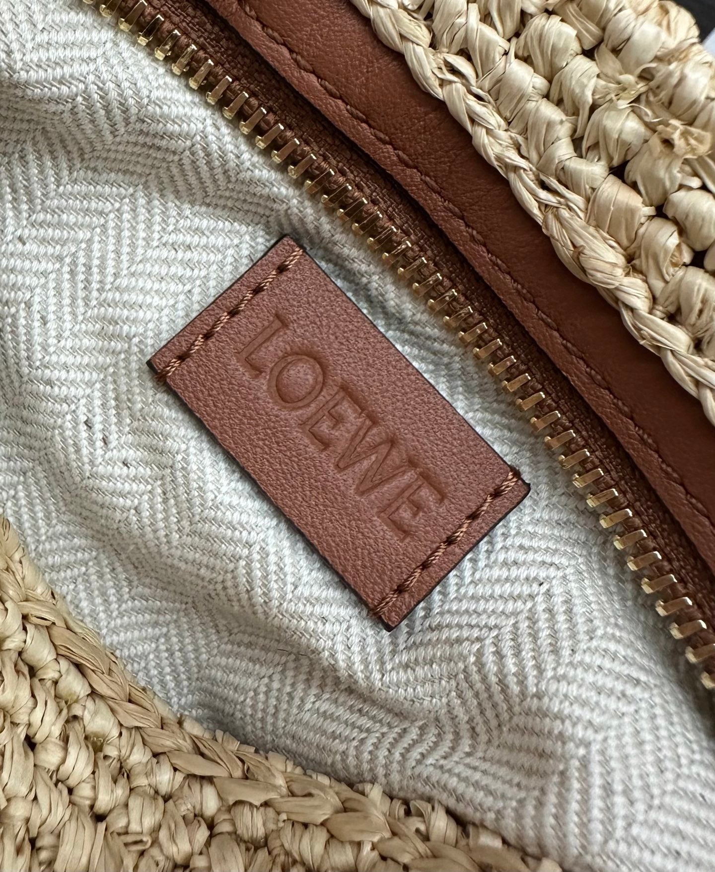 Loewe Slit Pochette Beige Raffia Brown Calfskin