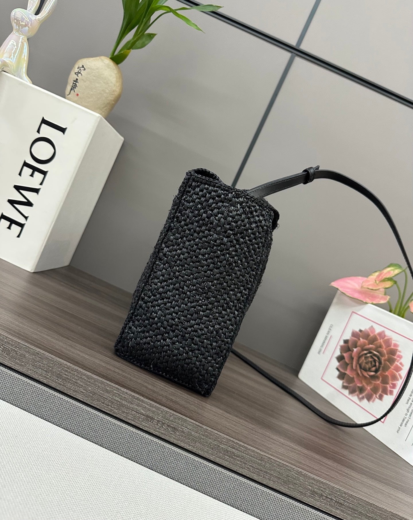 Loewe Small Font Tote Black Raffia