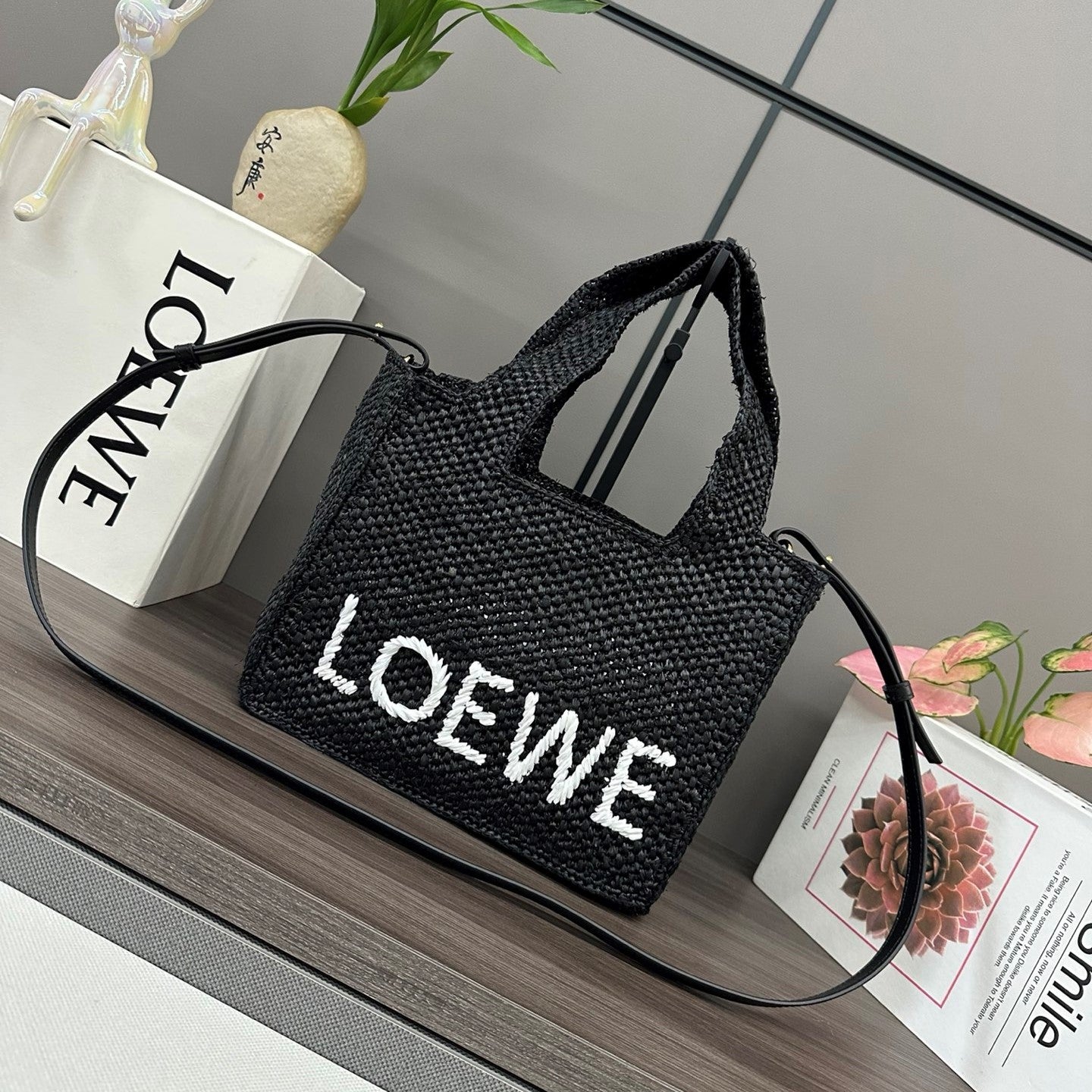 Loewe Small Font Tote Black Raffia