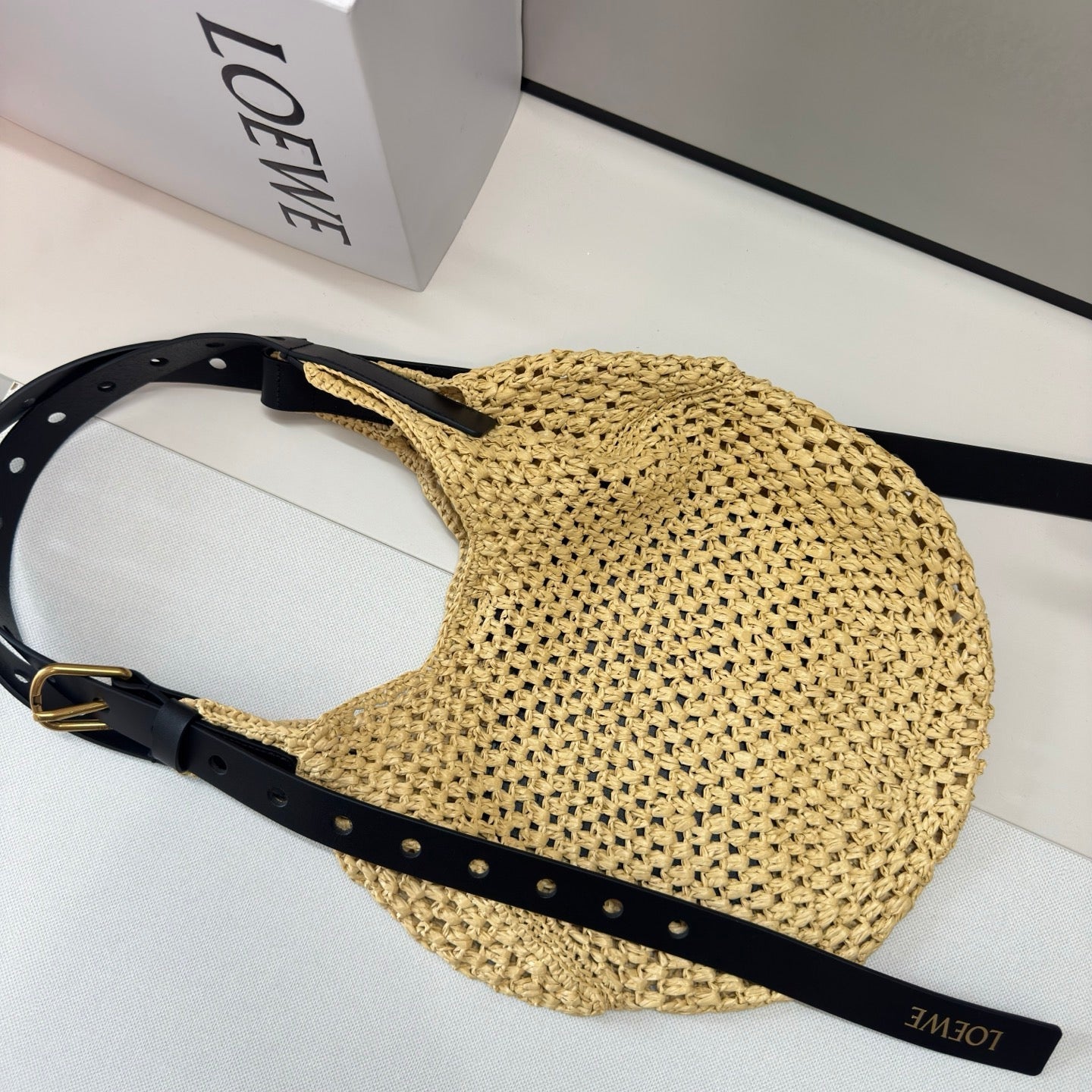 Loewe Punch Hole Hobo Straw Bag Black Calfskin Beige Raffia