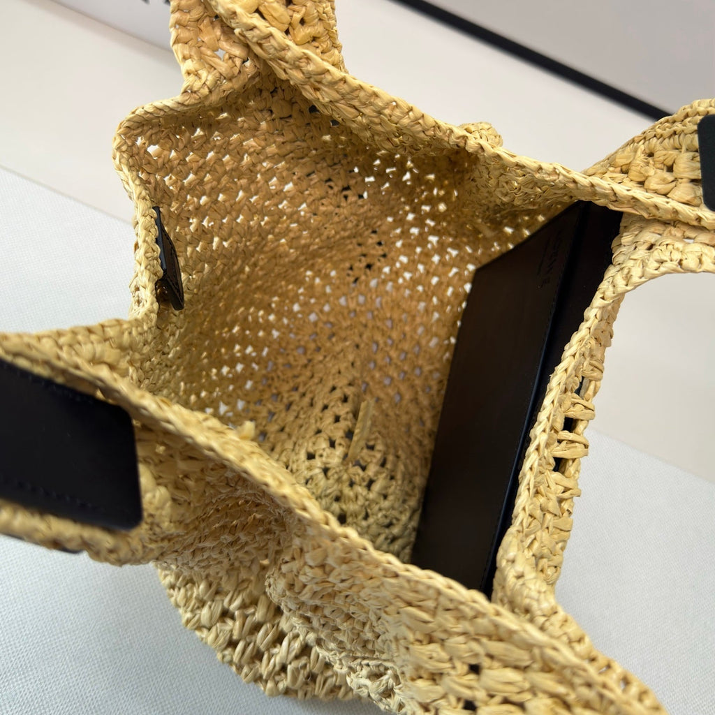 Loewe Punch Hole Hobo Straw Bag Black Calfskin Beige Raffia
