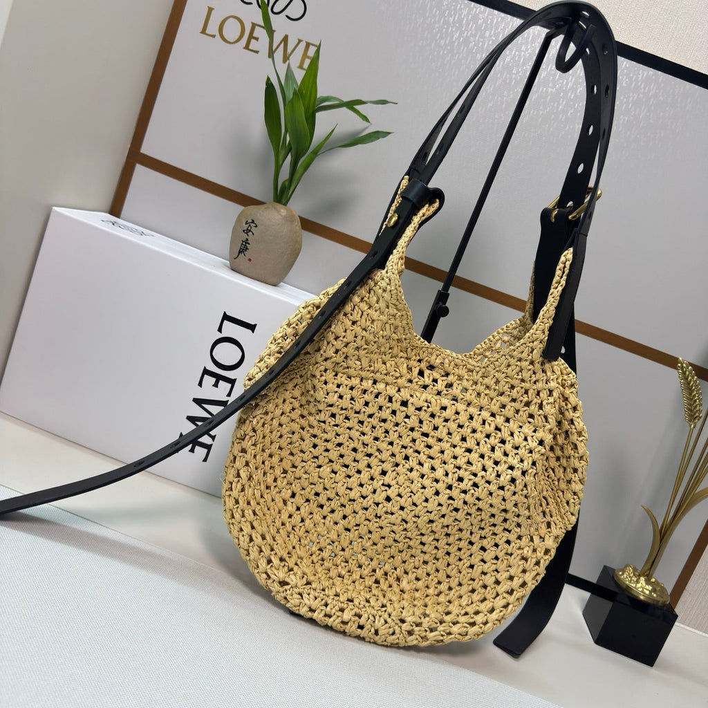 Loewe Punch Hole Hobo Straw Bag Black Calfskin Beige Raffia