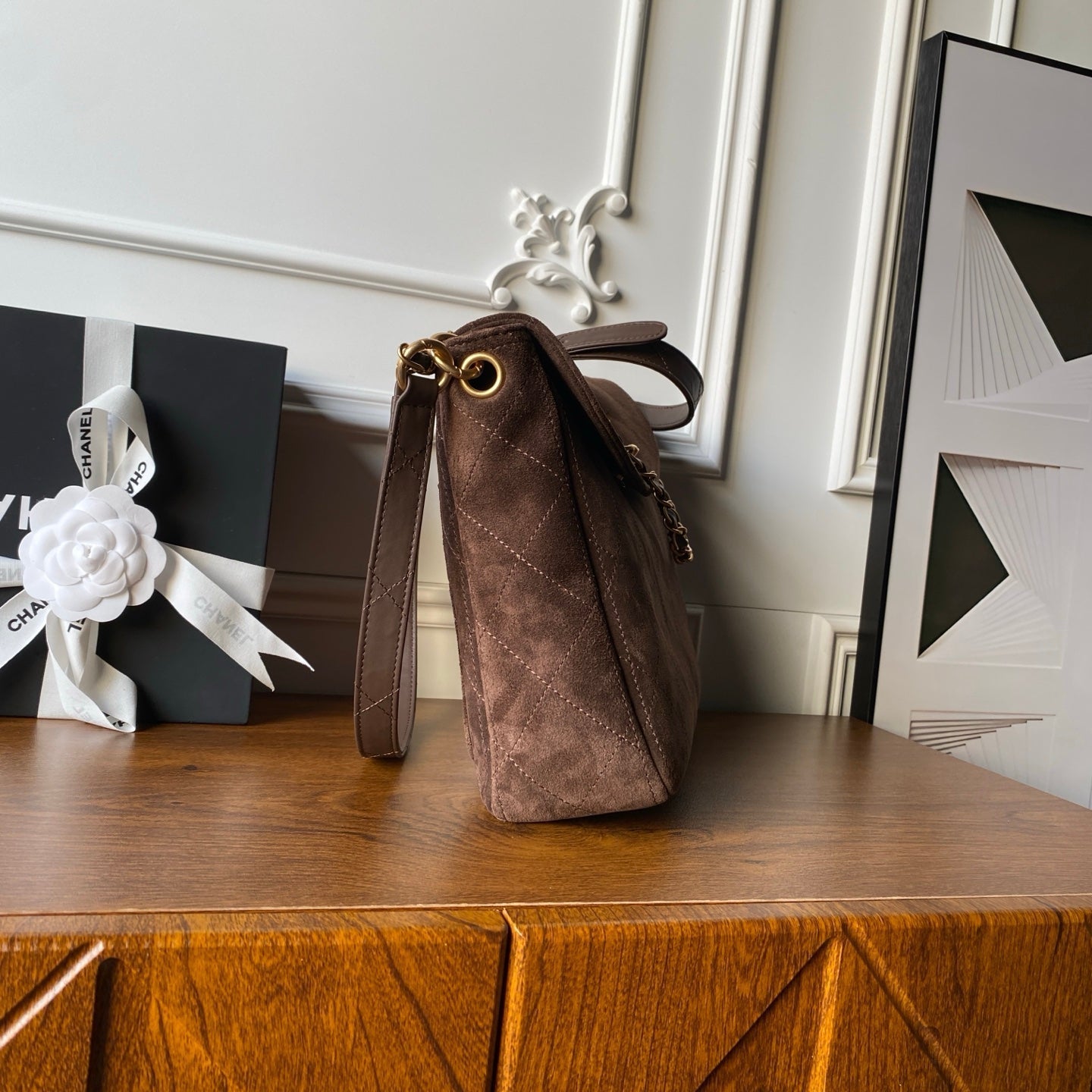 Chanel 2025 Messenger Bag 30cm Brown Suede Gold Hardware 321011