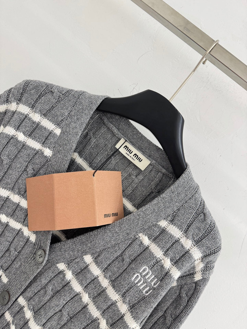 Miumiu 2025 Striped Knit Cardigan Gray and Black Wool