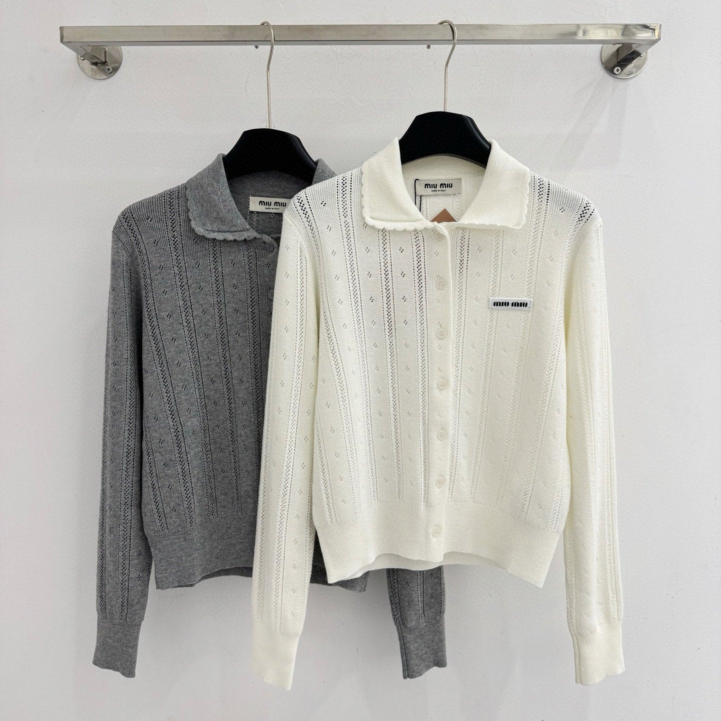 Miumiu 2025 Knit Cardigan White and Gray Wool