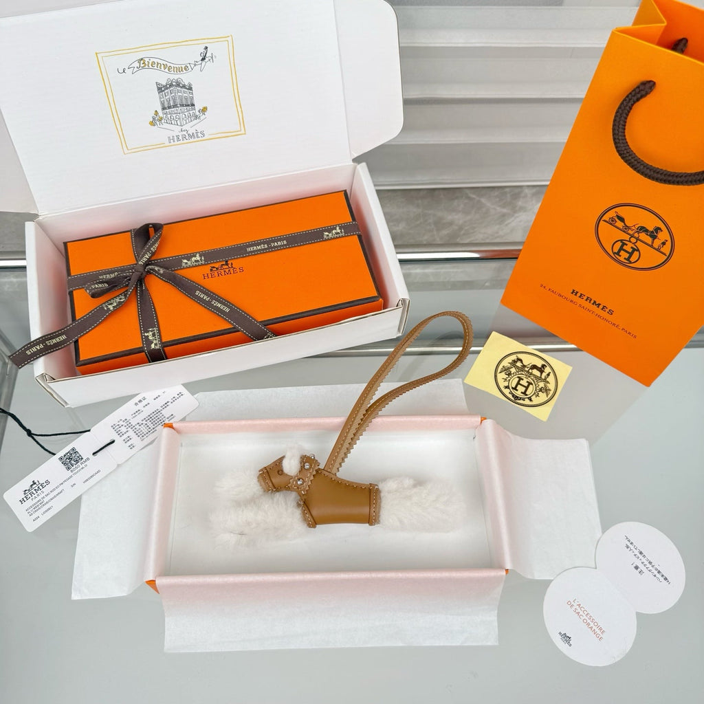 HM Budy Puppy Pendant Charm White Brown Wool Cowhide