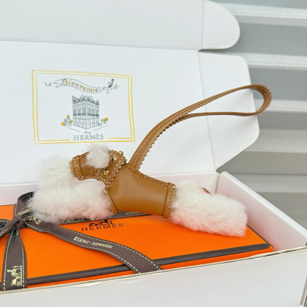 HM Budy Puppy Pendant Charm White Brown Wool Cowhide