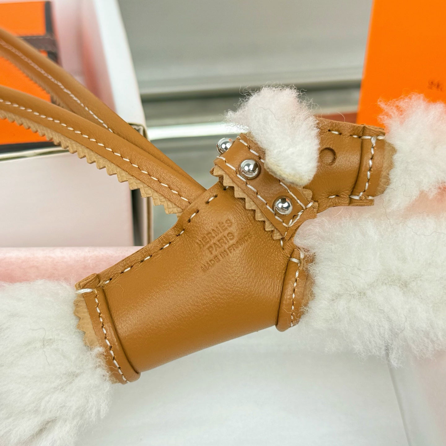 HM Budy Puppy Pendant Charm White Brown Wool Cowhide