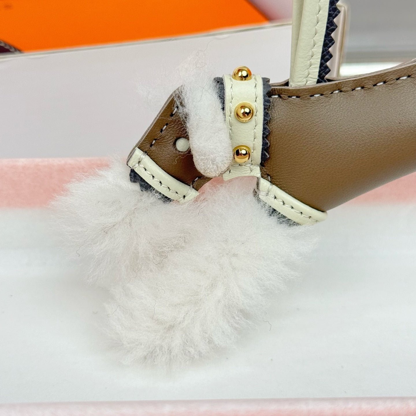 HM Budy Puppy Pendant Charm White Taupe Wool Cowhide