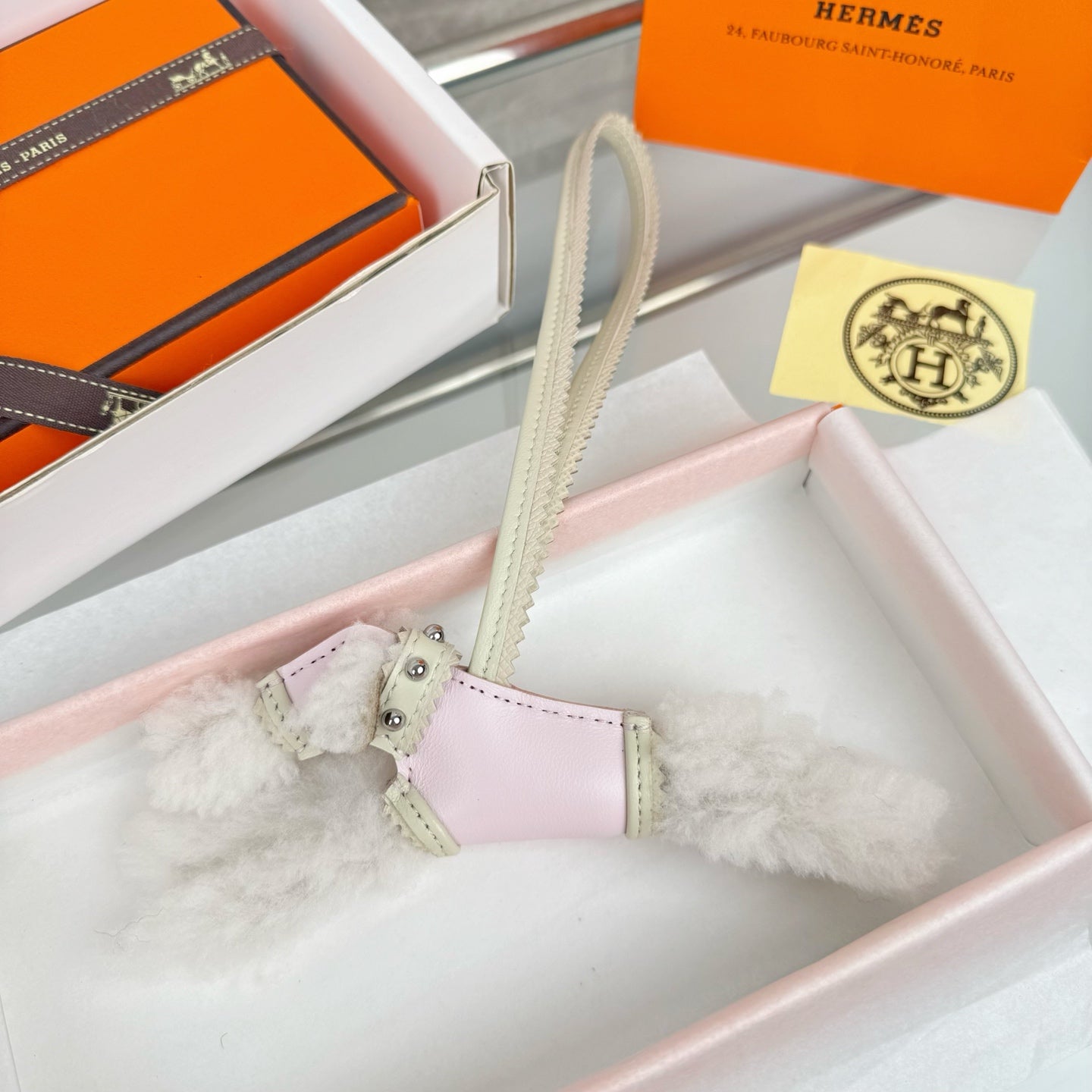 HM Budy Puppy Pendant Charm White Pink Wool Cowhide