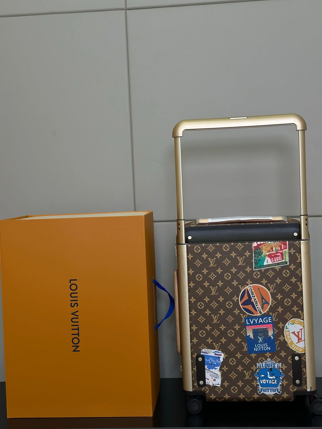 LV 2025 Horizon 55 Travel Stickers Suitcase Brown Beige Canvas Cowhide 273844