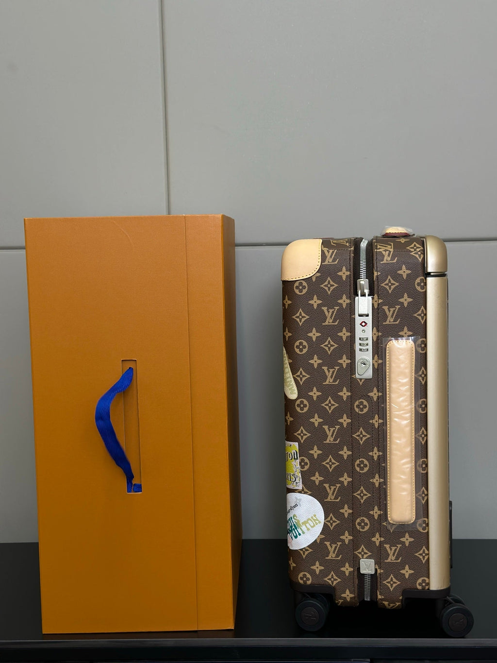 LV 2025 Horizon 55 Travel Stickers Suitcase Brown Beige Canvas Cowhide 273844